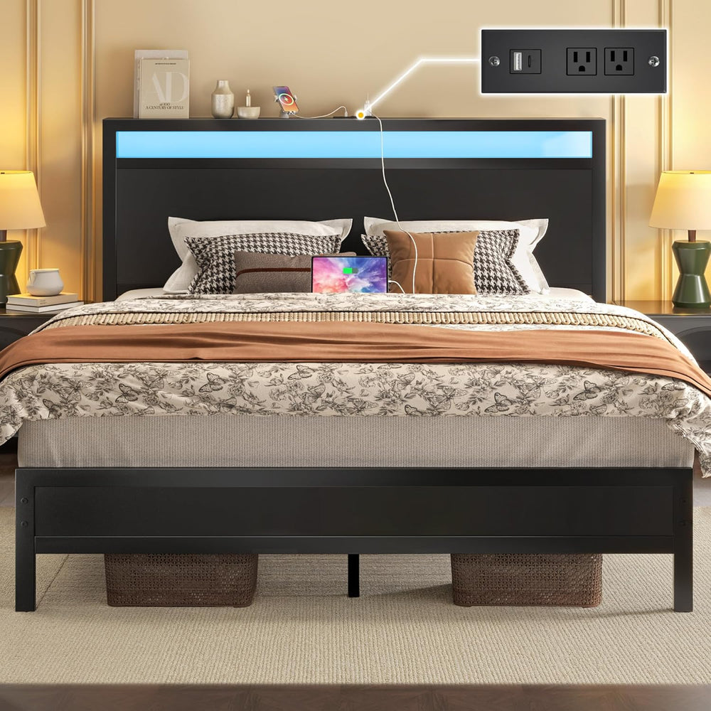 Queen Bed Frame with Headboard & Footboard, Bed Frame with Built-in Charg...