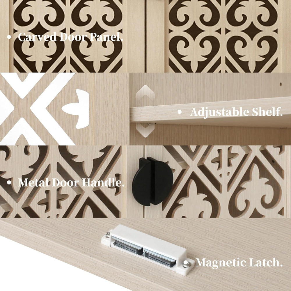 Decorative Storage Cabinet Sideboard with Hollow Carved Panels, 2 Doors, Natu...