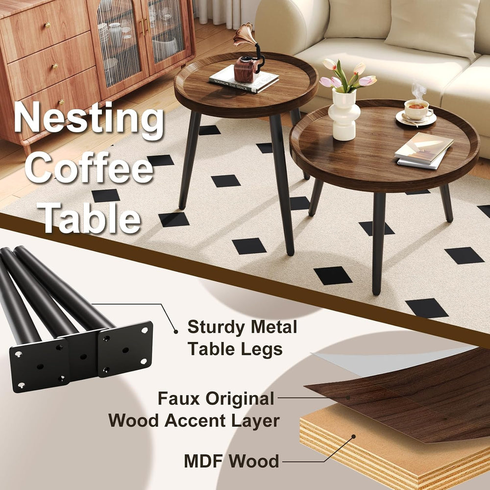 2PCS Small Round Coffee Table Set, Walnut Mid Century Modern Nesting Tables |...