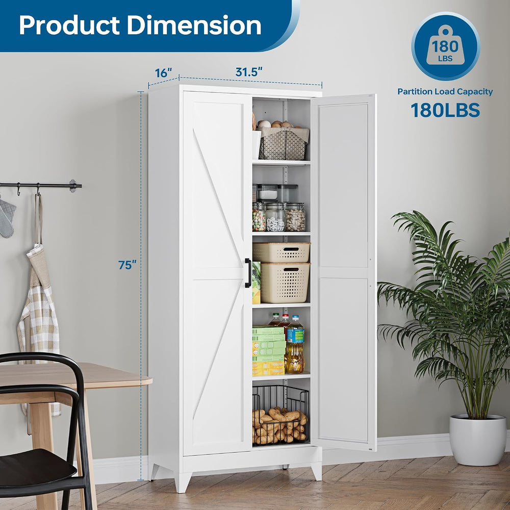 PEUKC 75" Farmhouse Metal Storage Cabinet with Doors and 4 Adjustable Sh...