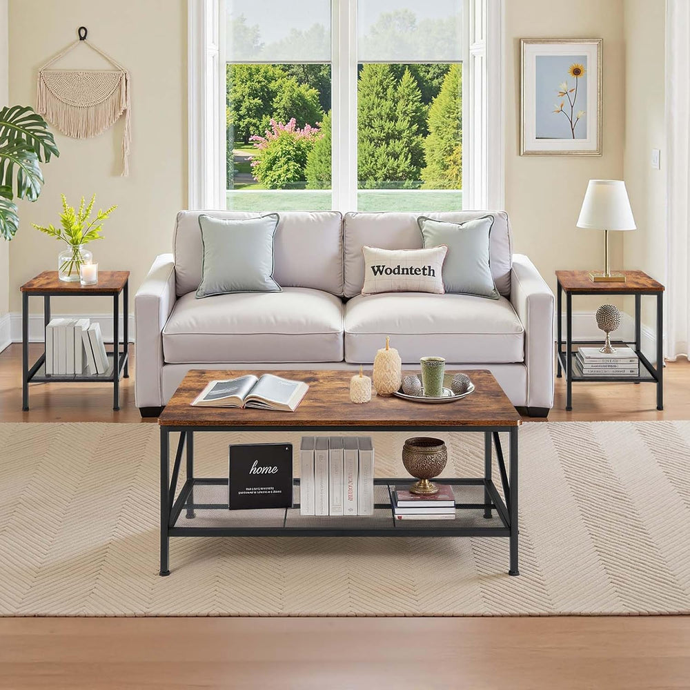 VEVOR 3 Pieces Living Room Table Sets, 41.3 in Industrial Coffee Table with 2...
