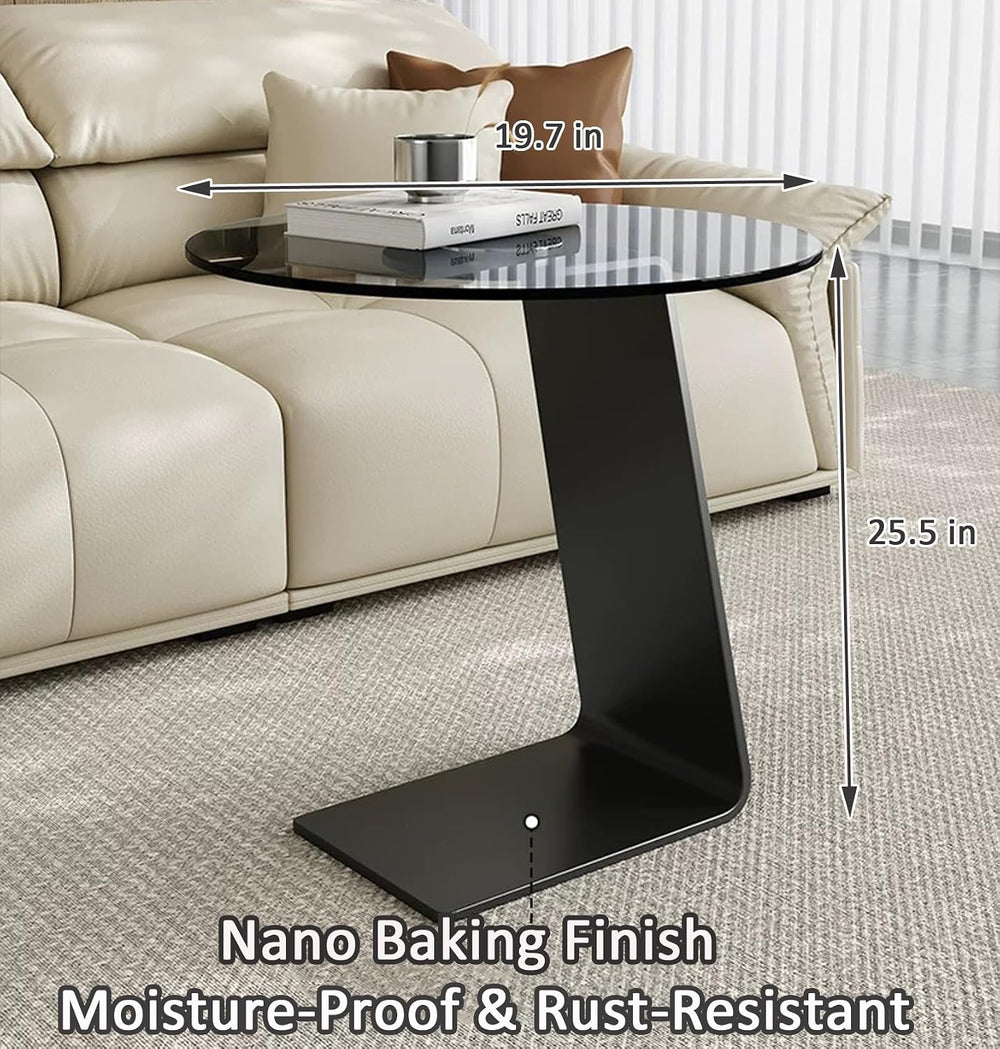 Modern C-Shaped End Table, Tempered Glass Tabletop Couch Side Table, Black Ro...