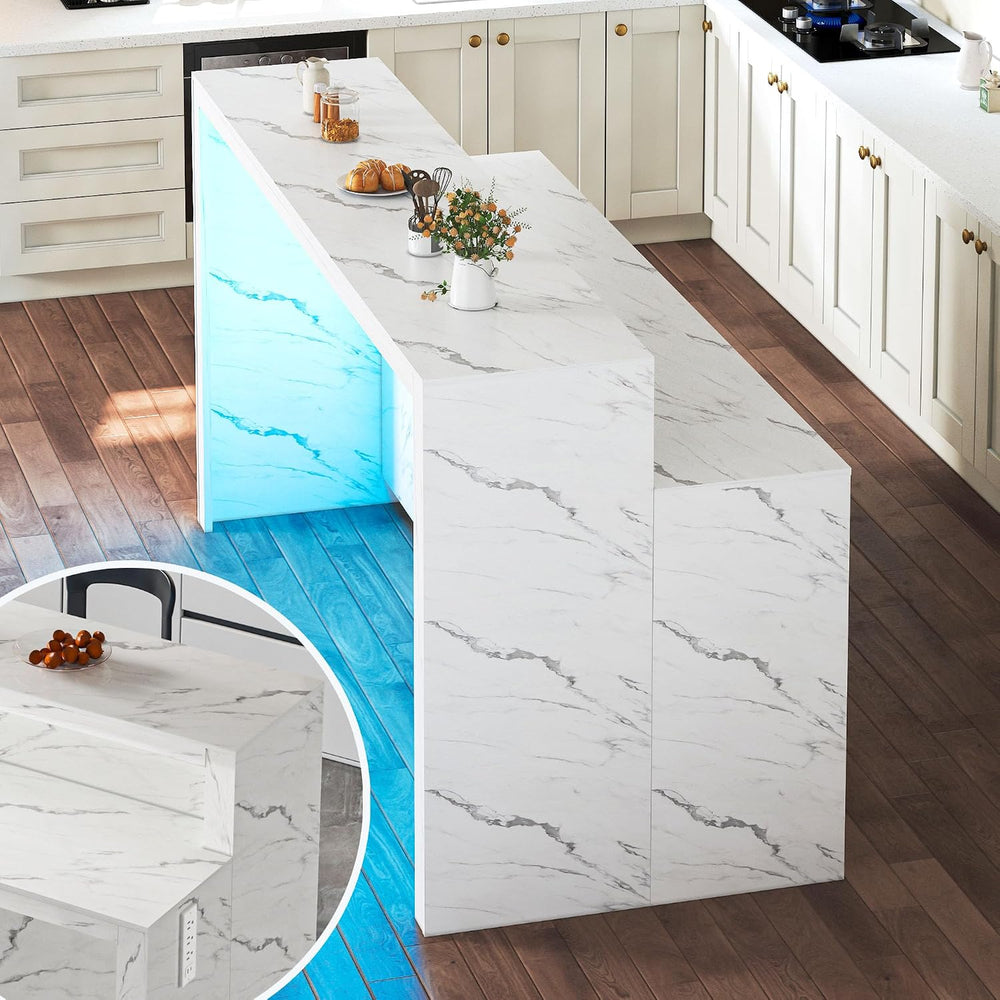 71" Large Faux Marble Dining Table with LED Lights, Modern Rectangle Kit...