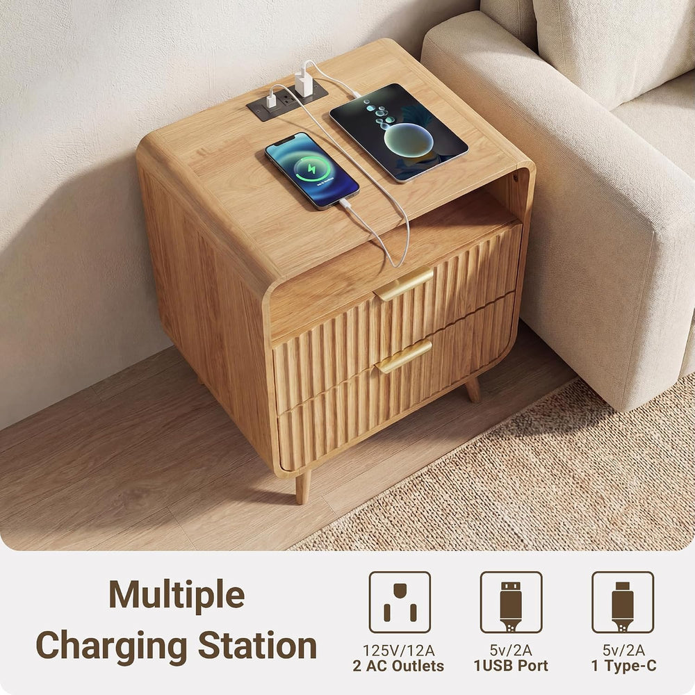 24" Curved Nightstand Set of 2,Night Stand with Charging Station & L...