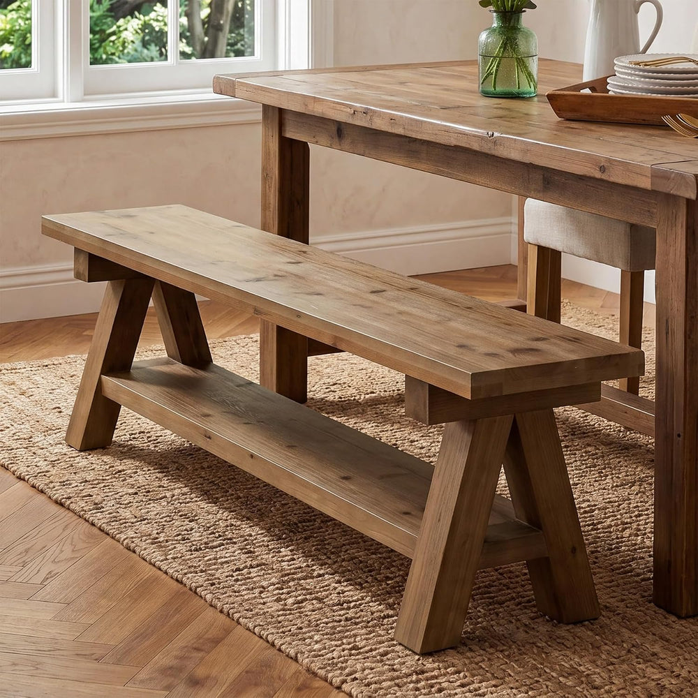 63-Inch Farmhouse Dining Bench, Solid Wood Indoor Entryway Bench | 2-TierStor...