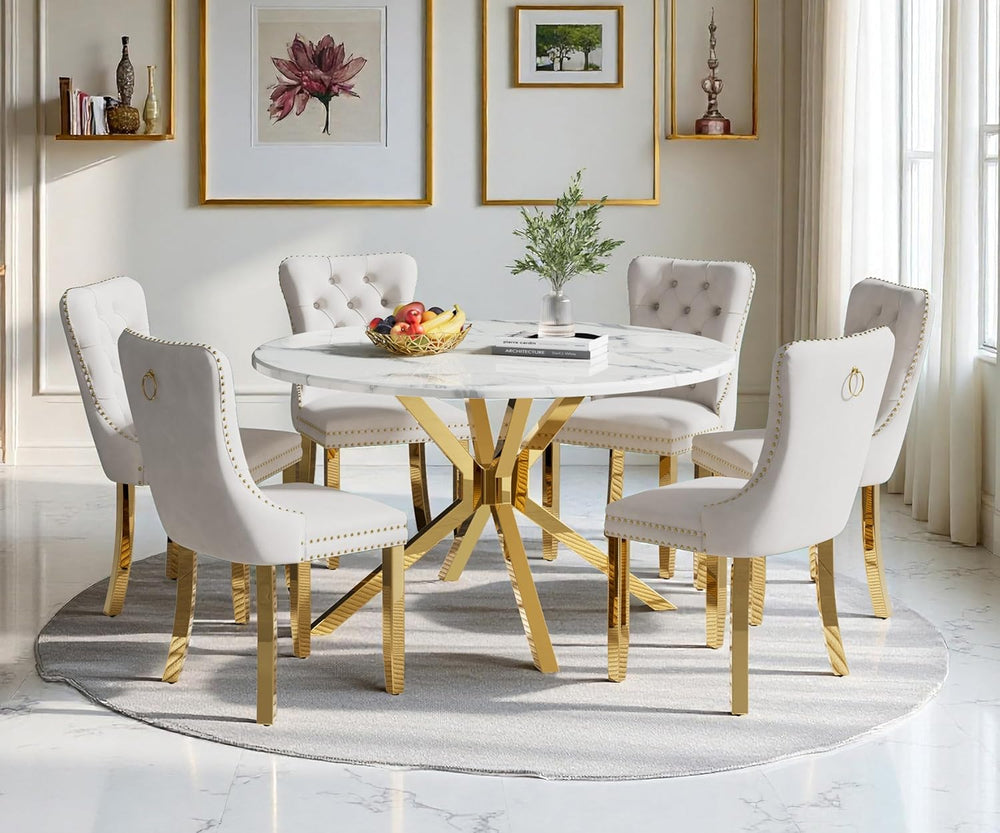 45" Marble Round Dining Table for 4 People, Modern Pedestal Kitchen Tabl...