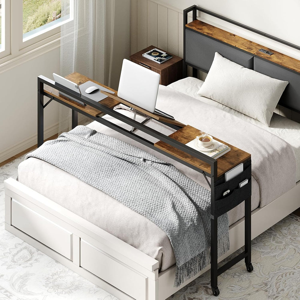 YATINEY Overbed Table with Wheels, Queen Size Mobile Bed Desk with Charging S...
