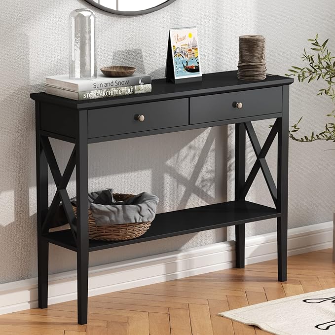 ChooChoo Console Table with Drawers, Narrow Wood Accent Sofa Table Entryway T...