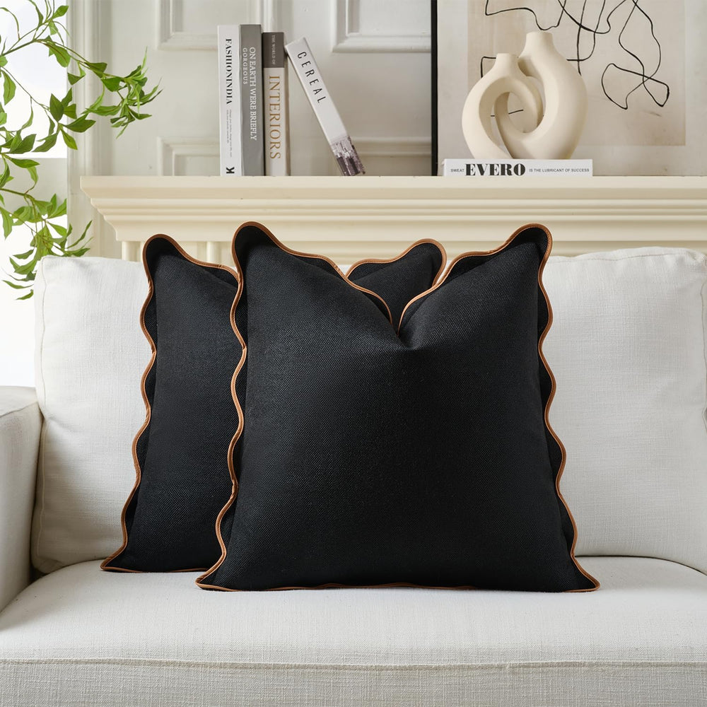 Scalloped Throw Pillow Covers (Black & Brown, 24x24 Inch)