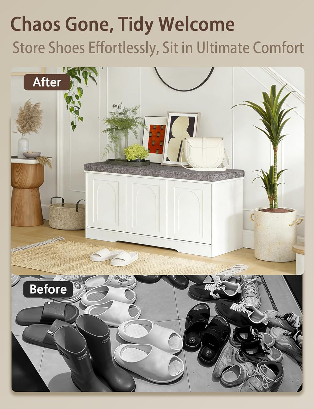 DINZI LVJ Shoe Bench, Entryway Storage Bench with Doors, Cushion, 3-Tier Shoe...