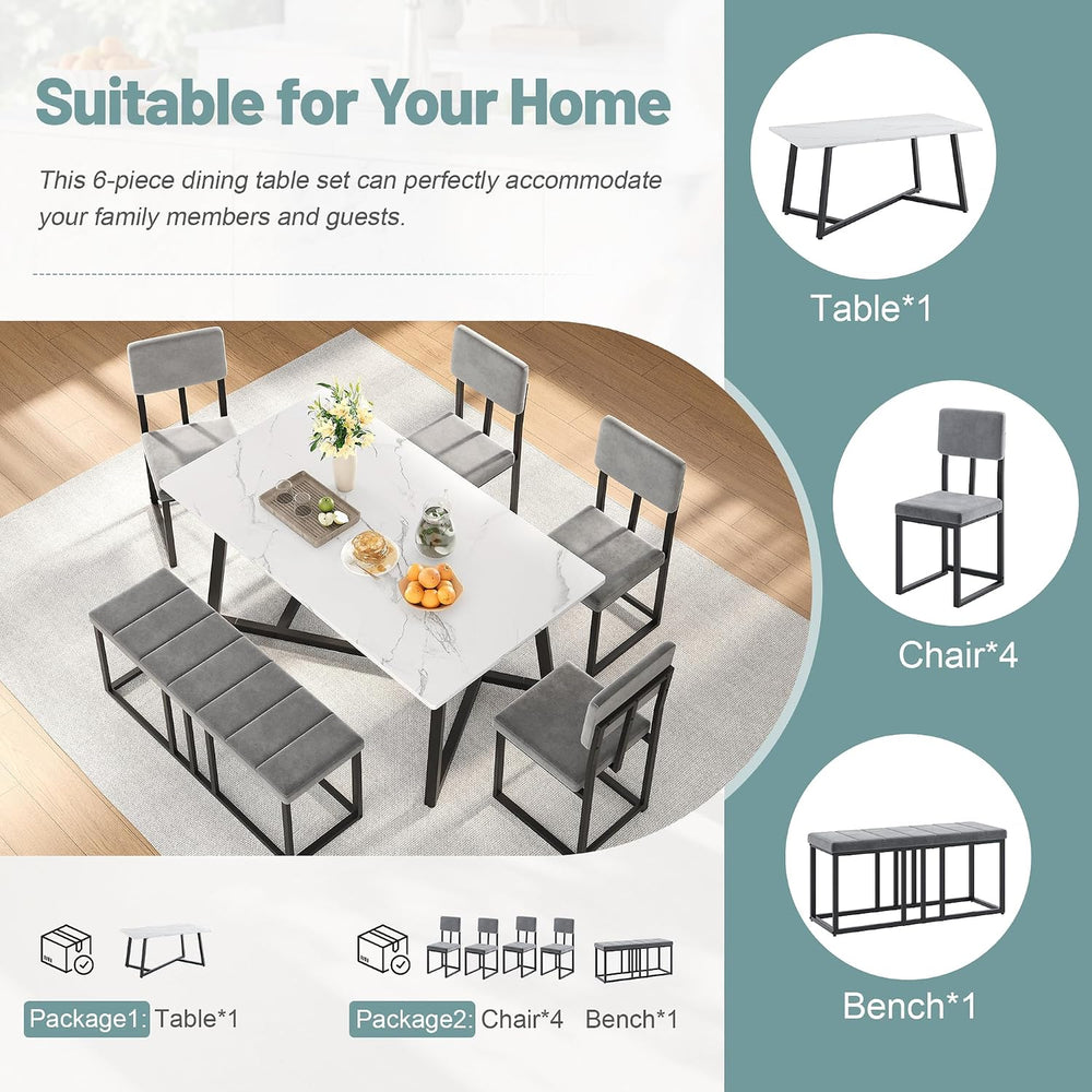 HUGROVE 6-Piece Dining Table Set, 51.18'' Faux Marble Rectangular Tab...