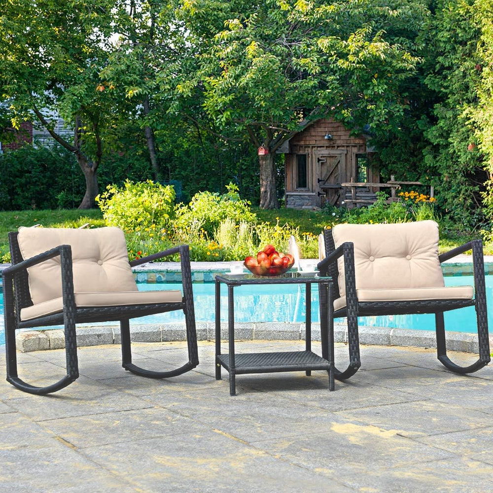 HAPPYGRILL 3-Piece Rocking Bistro Set Outdoor Patio Rocking Chairs with Coffe...