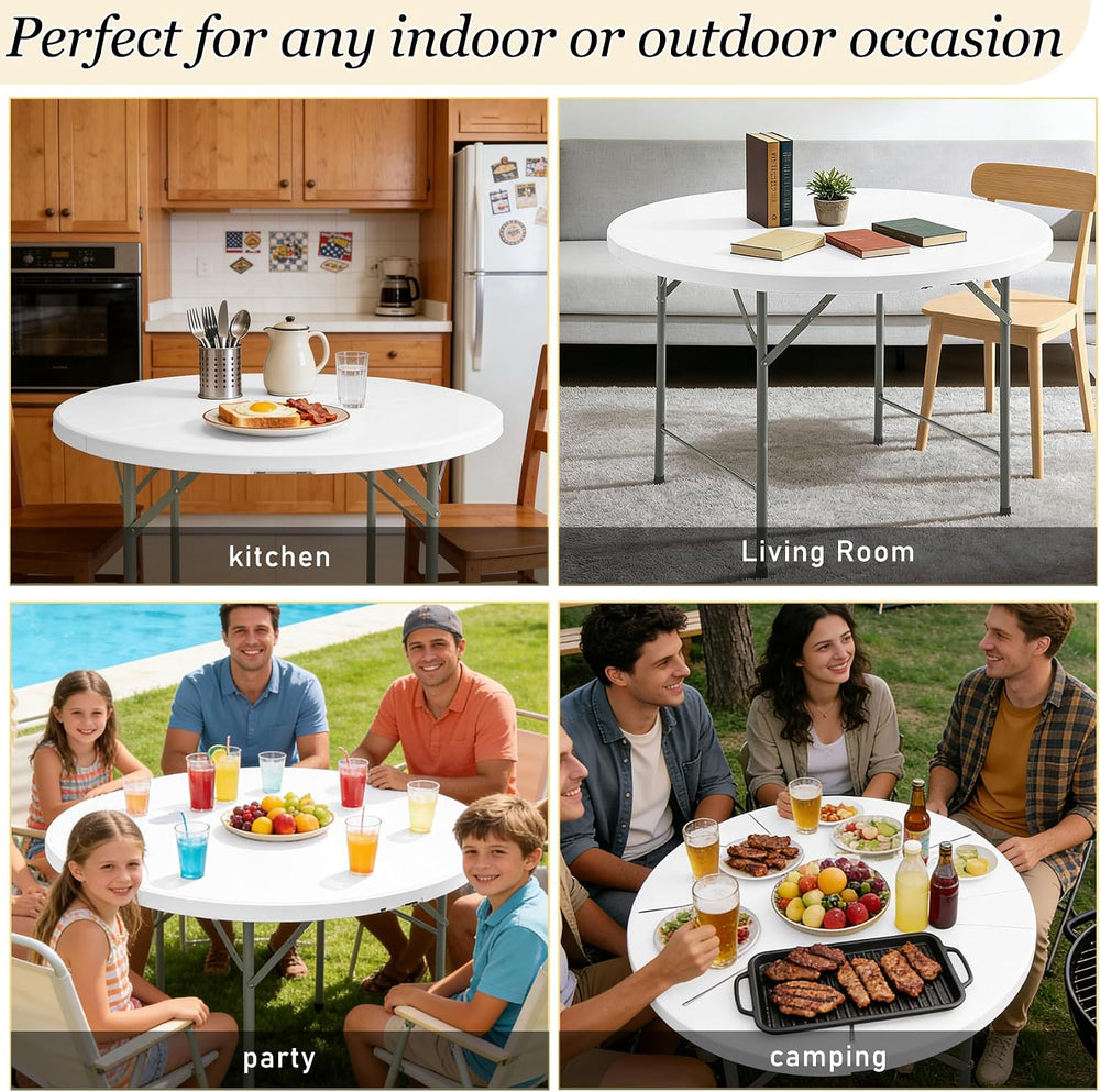 HAISIWLKJ 4FT Round Folding Table White Fold-in-Half with Carrying Handle Por...