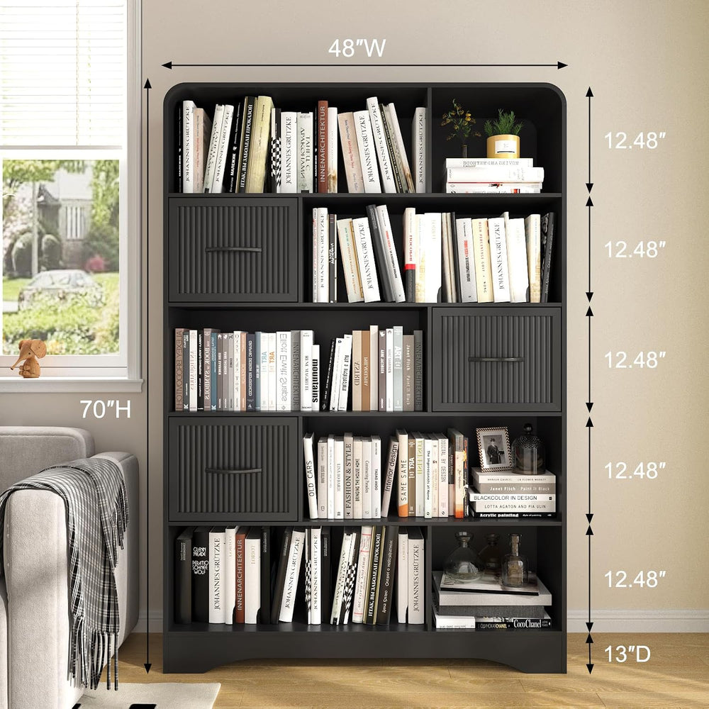 Tall Bookshelf with Drawers, 70" Modern Bookcase with Adjustable Storage...
