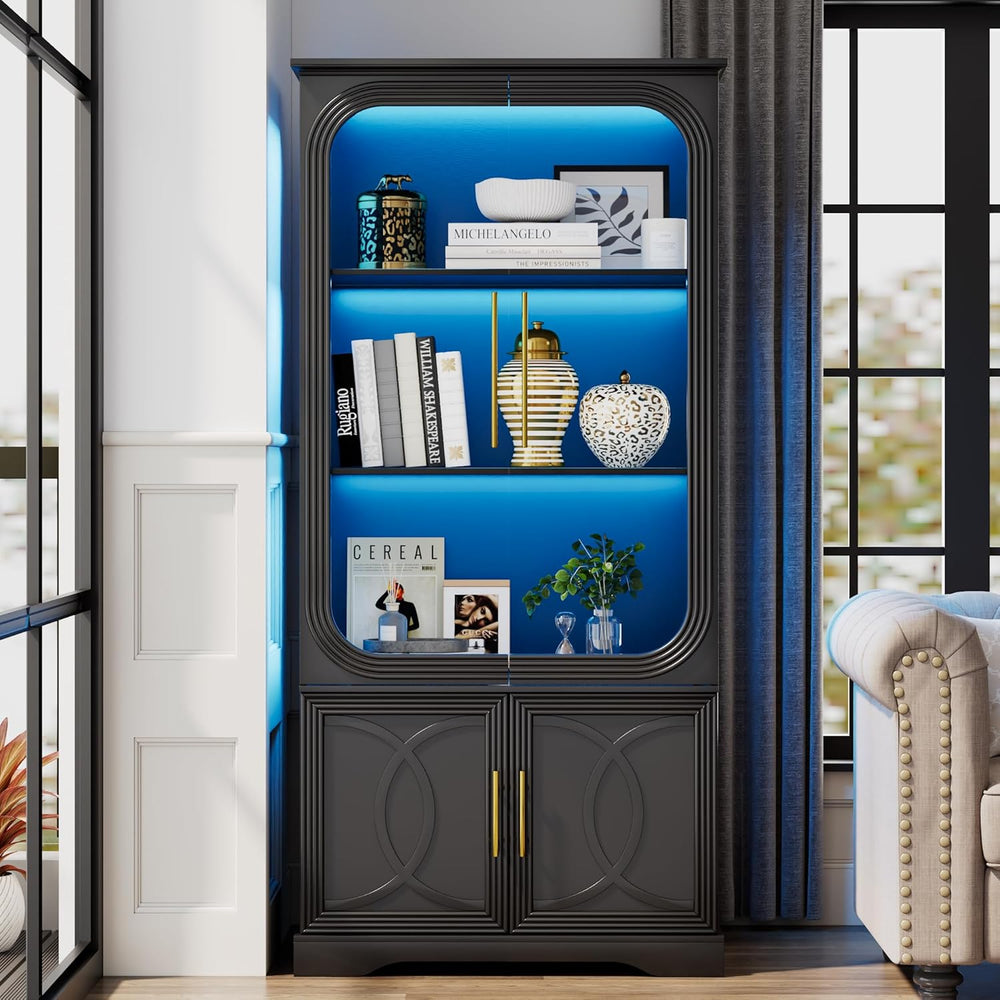 69" Tall Display Cabinet with Glass Doors, Curio Cabinet with 3 LED Ligh...