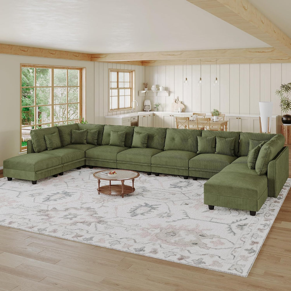 LLappuil 10 Seater Sectional Sofa with Storage, Corduroy Modular U Shaped Cou...