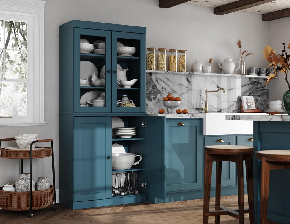 Palace Imports 100% Solid Wood Kitchen Pantry w/ 2 Glass & 2 Wood Doors, ...