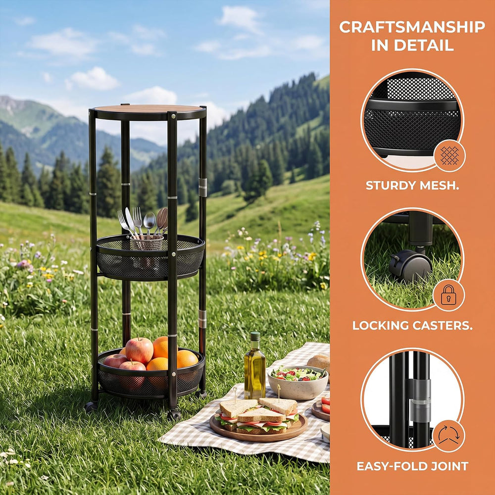 SYO 3-Tier Foldable Rolling Storage Cart, Round Mesh Shelves with Wheels, No ...