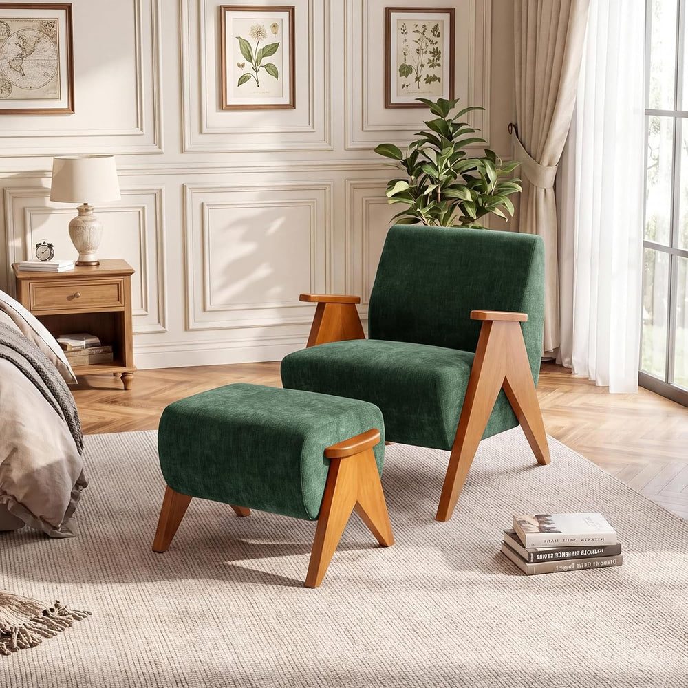 Linen Padded footstools Mid Century Modern Ottoman with Wood Frame, Lounge Up...