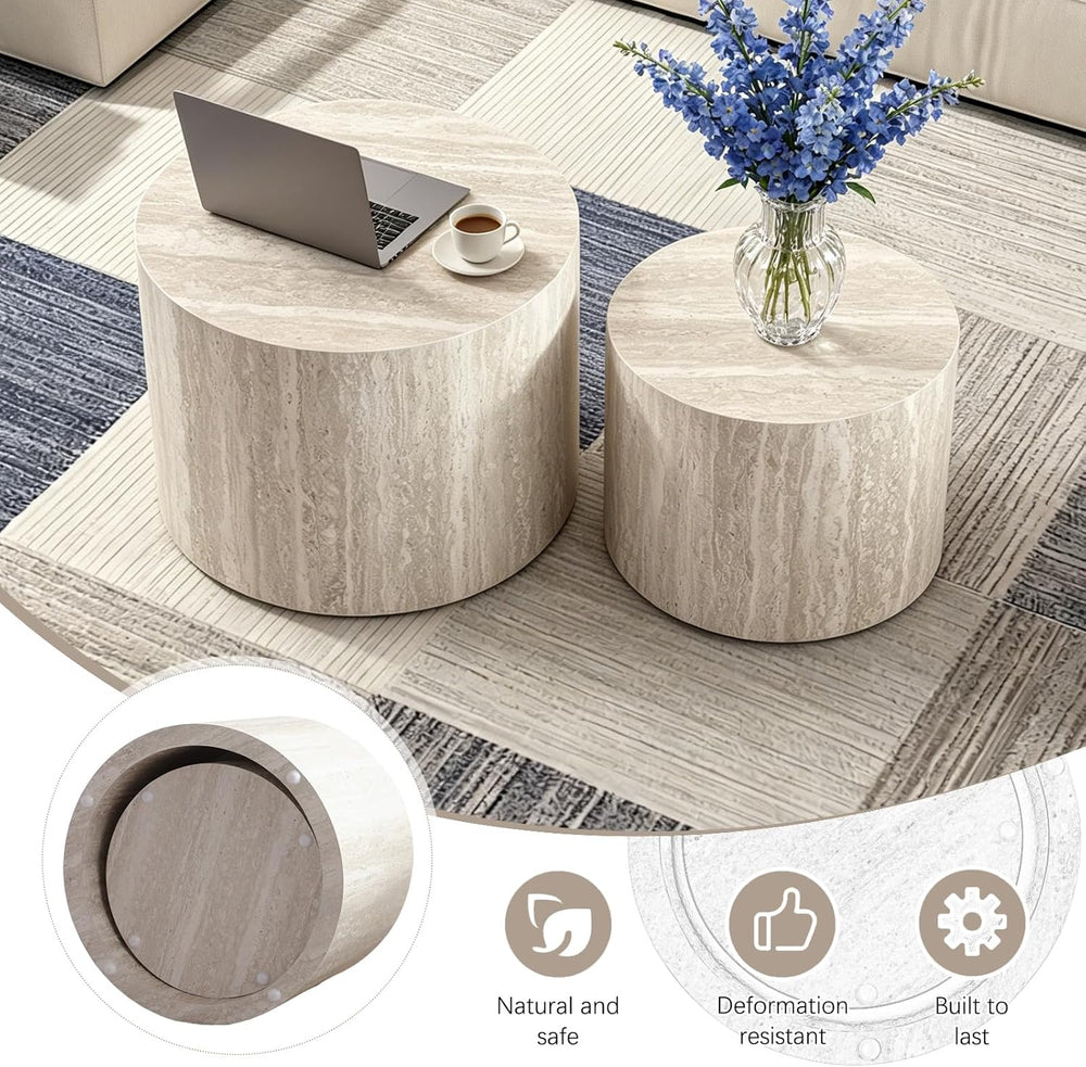 Modern Nesting Coffee Table Set of 2 Round Travertine Finish Nesting Tables S...