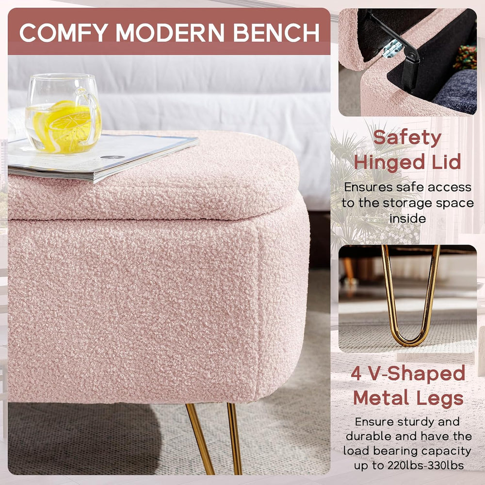 NIOIIKIT Storage Ottoman Bench, Faux Fur Upholstered Entryway Bench, Pink | U...