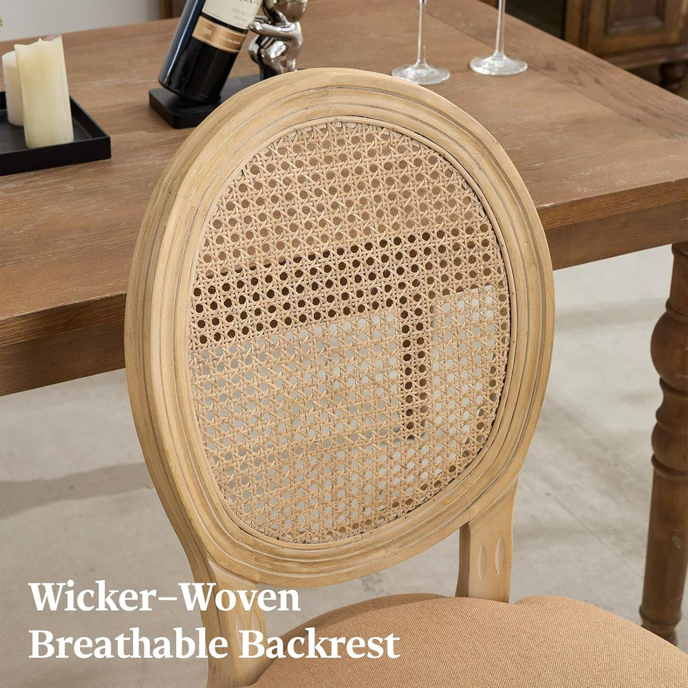 French Country Dining Chairs Set of 4,Upholstered Chairs with Rattan Round Ba...