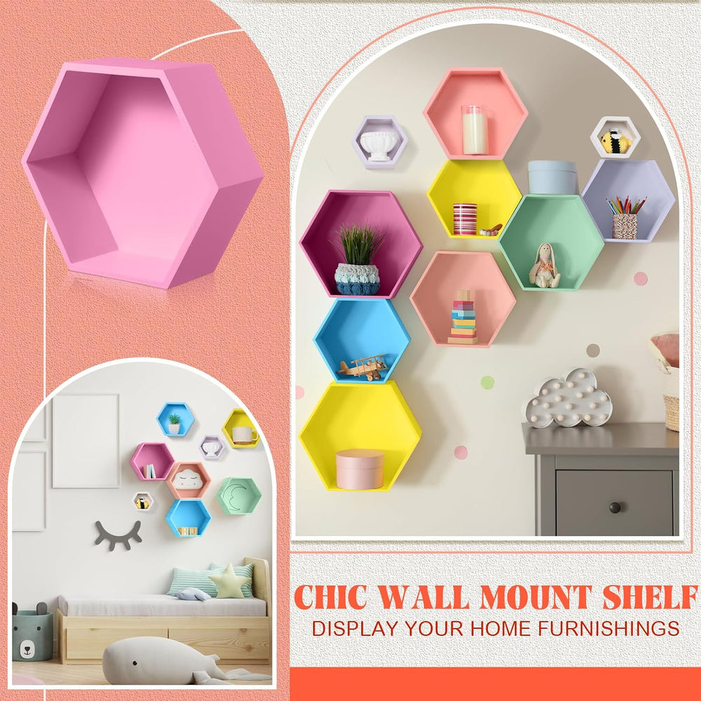 DoubleFill Honeycomb Shelves for Wall Set of 7 Wooden Hexagon Floating Shelve...