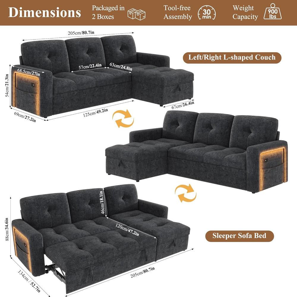 81'' LED L-Shaped Sectional Couch for Living Room, Sleeper Sofa Bed, ...