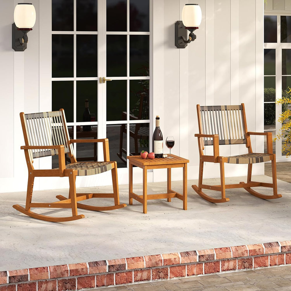 HAPPYGRILL 3 Pieces Rocking Bistro Set, PE Rattan Front Porch Chairs with Cof...