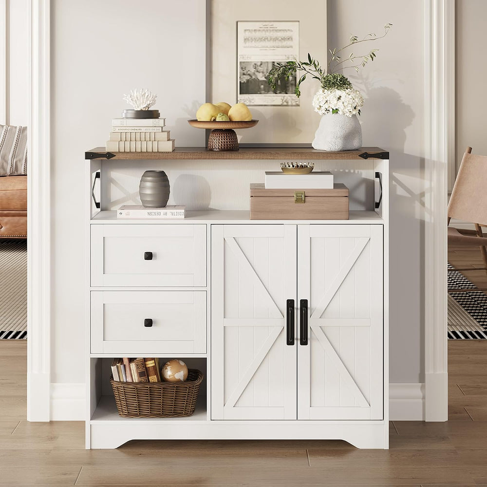 Fameill Farmhouse Storage Cabinet with Drawers and Open Storage, White