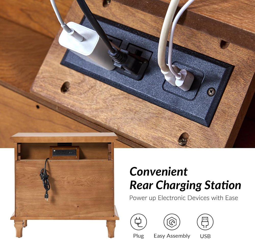 End Table Set of 2 with Charging Station, Solid Wood Organizer with 3 Drawers...