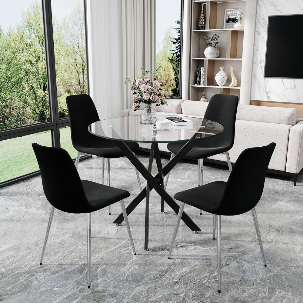36” Round Glass Dining Table Set for 4, Clear Tempered Glass Kitchen Table wi...