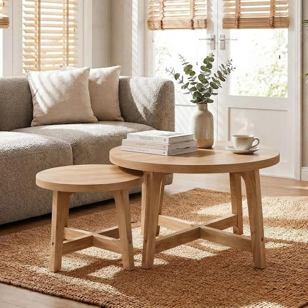 Round Nesting Coffee Tables, Set of 2, Natural Wood Finish Modern Side Tables...