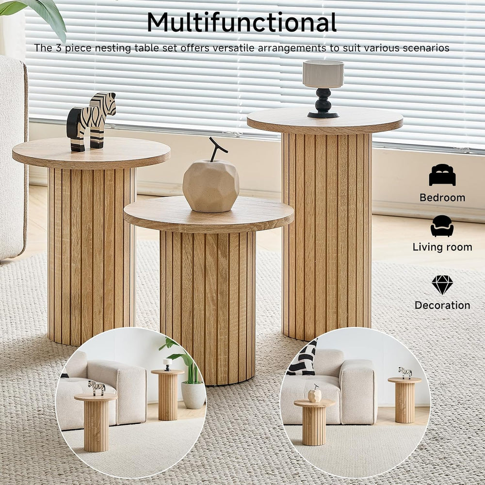 Round Nesting Coffee Table Set of 3 Mid Century Modern Wood Round Coffee Tabl...