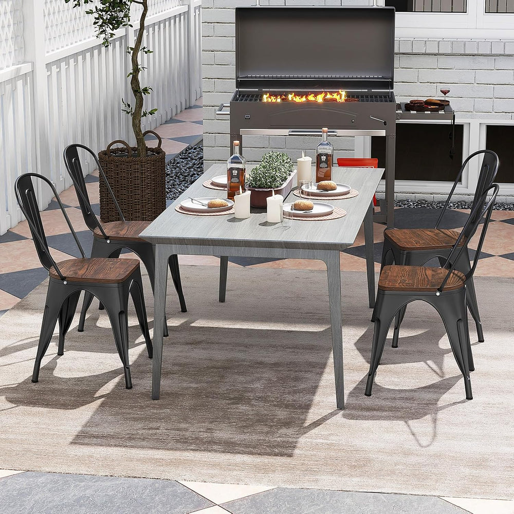 COSTWAY Stackable Metal Dining Chairs Set of 4 with Wood Seat and High Back |...