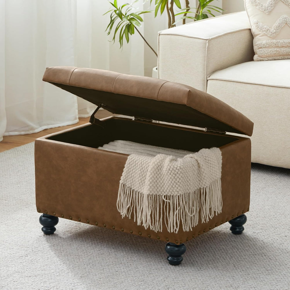 Zihanhome Leather Ottoman with Storage, Upholstered Button Tufted Ottoman Foo...
