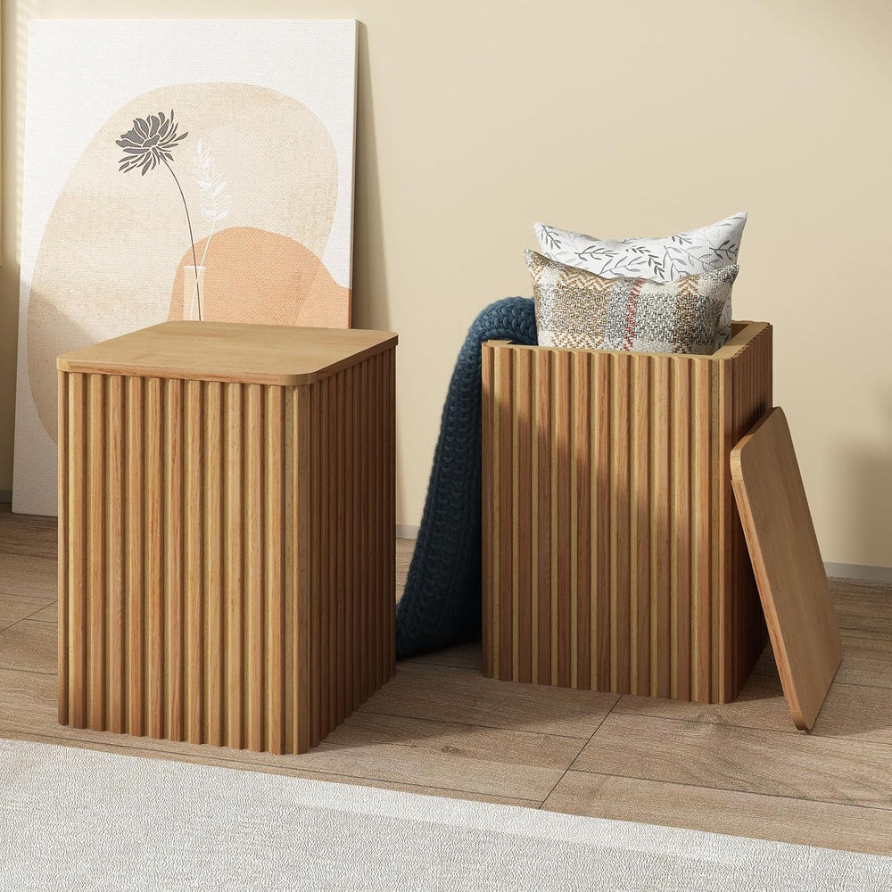 HOKYHOKY Fluted Side Table with Storage – Small Square End Table with Solid W...