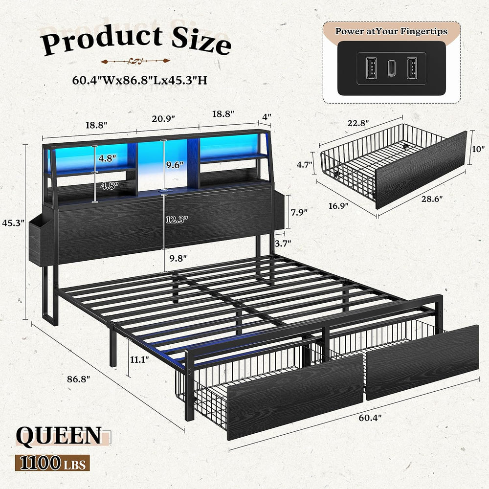 Homkdom Queen Bed Frame with 3-Tier Storage Headboard and 2 Drawers