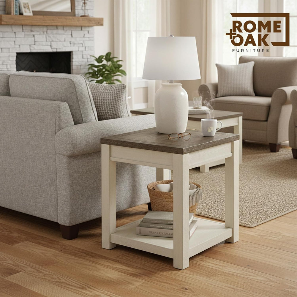ROME + OAK Tate Farmhouse End Table, Wooden Home Accent Furniture with Shelf,...