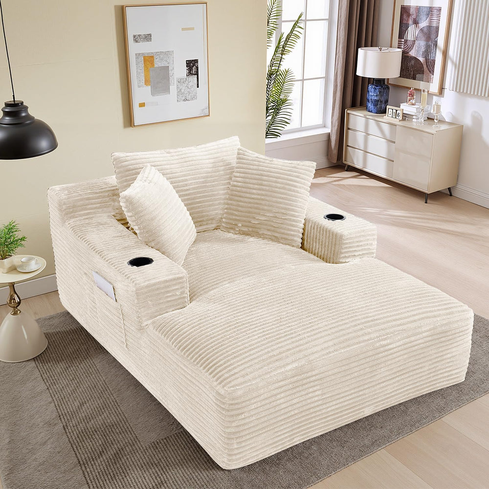 50" x 68" Corduroy Chaise Lounge, Cup Holders, Beige | Oversized co...