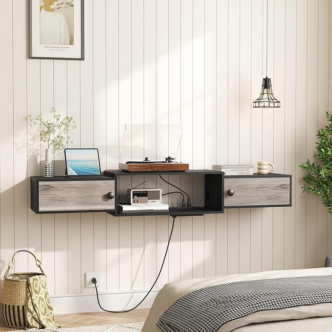 HOOBRO 55" Floating TV Stand with Power Outlets, Modern Wall Mounted Med...