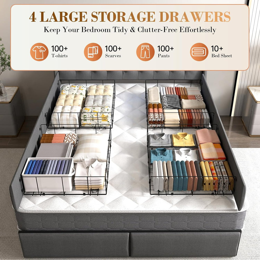 Upholstered Queen Size Bed Frame with 4 Storage Drawers and LED Lights
