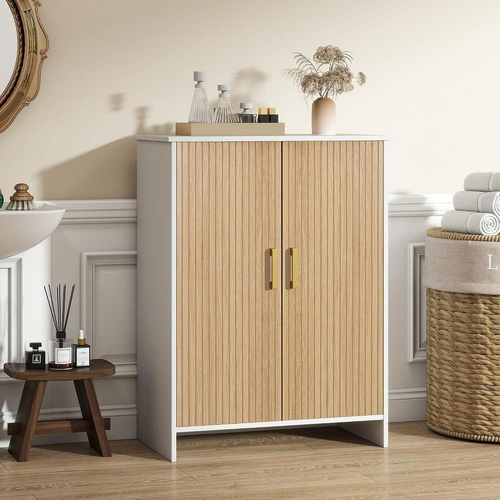 Bathroom Storage Cabinet, Floor Cabinet with 2 Fluted Doors and 2 Adjustable ...