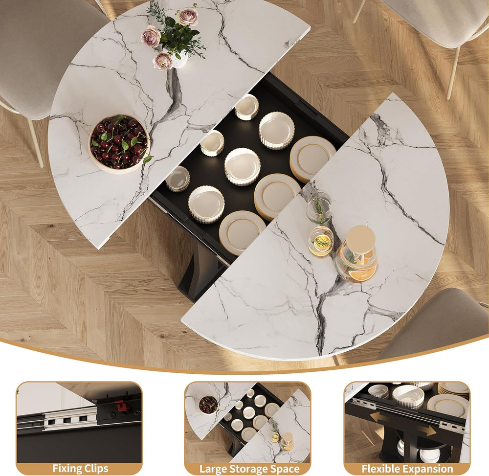 Extendable Dining Table 43"-59" for 4-6, White Faux Marble Round Ki...
