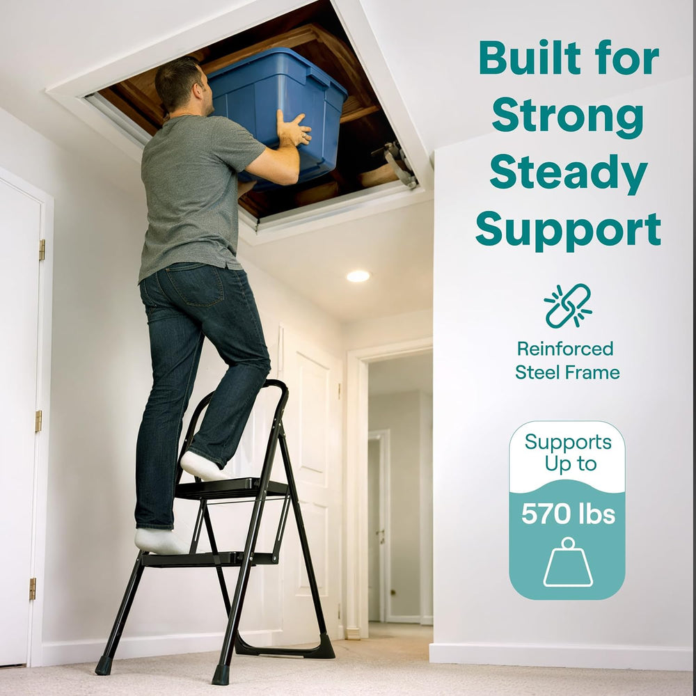 SereneLife 2 Step Ladder, Folding Step Stool for Adults, Heavy Duty, 570 Lb