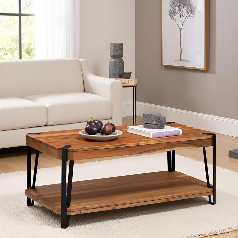 Ryegate 42-Inch Coffee Table – Solid Acacia Wood Live Edge Top with Lower She...