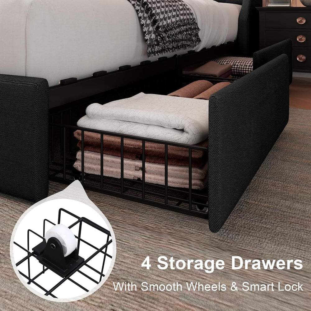 Feonase Upholstered Queen Size Bed Frame with 4 Storage Drawers, Storage Bed ...