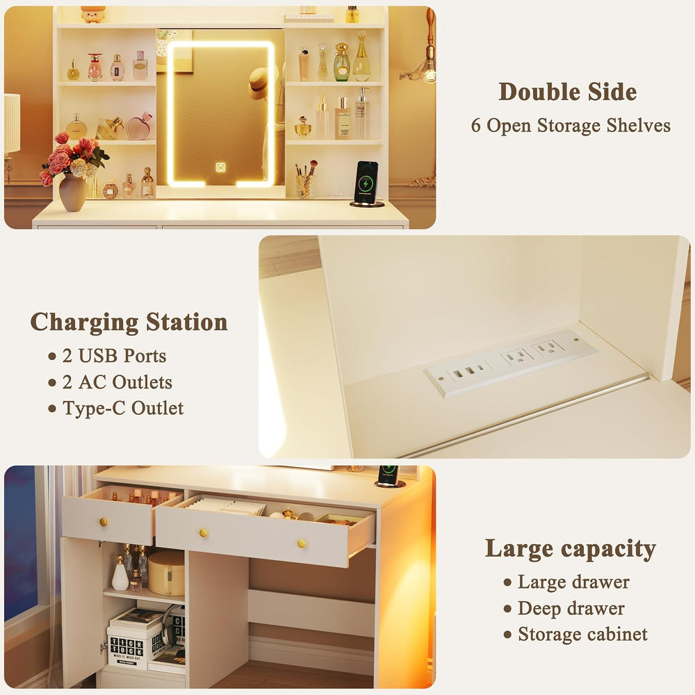 HUAHUU 37.4" Vanity Desk with Mirror and Lights, Makeup Vanity with LED ...