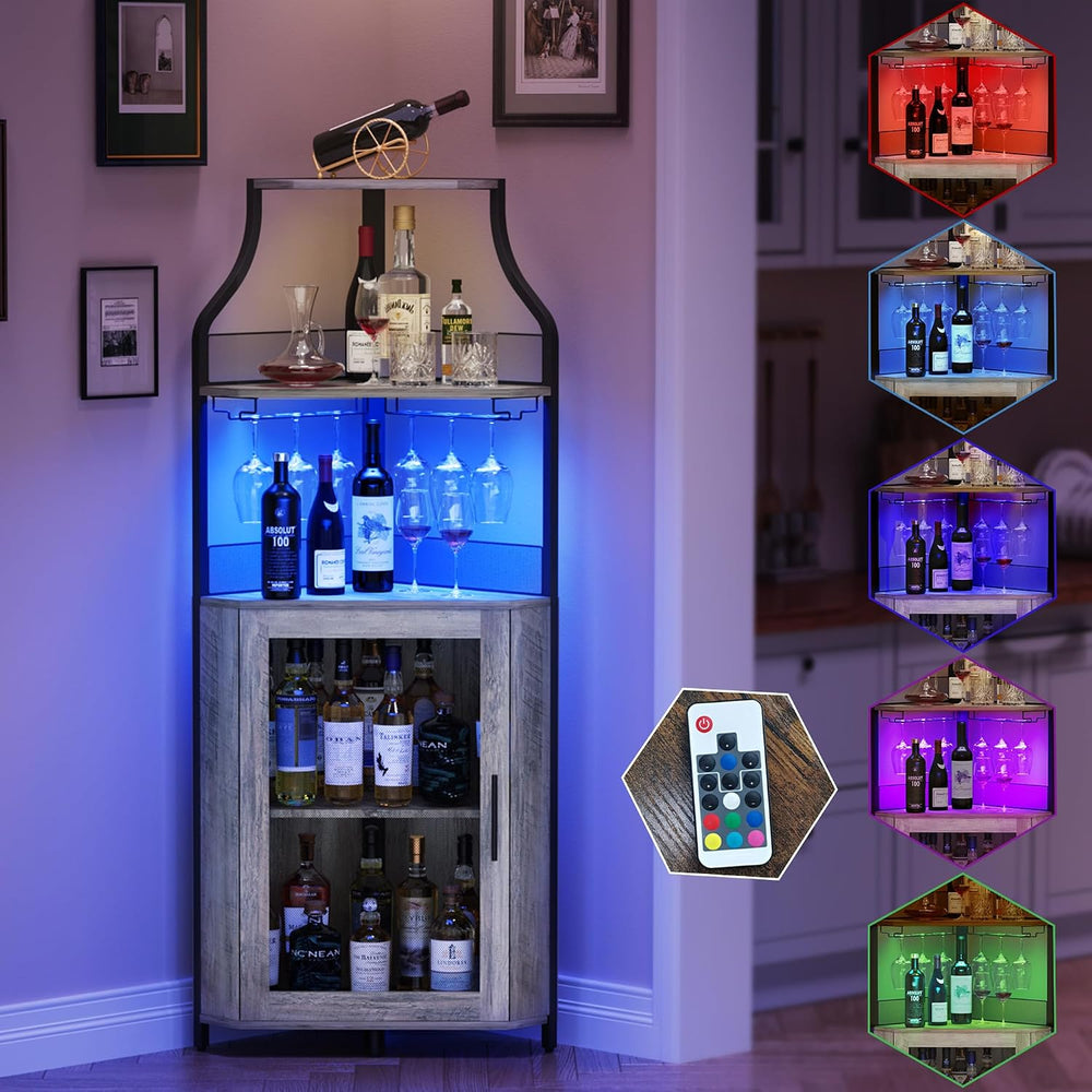 GAOMON Corner Bar Cabinet with LED Strip and Glass Holder, Industrial Wine Ca...