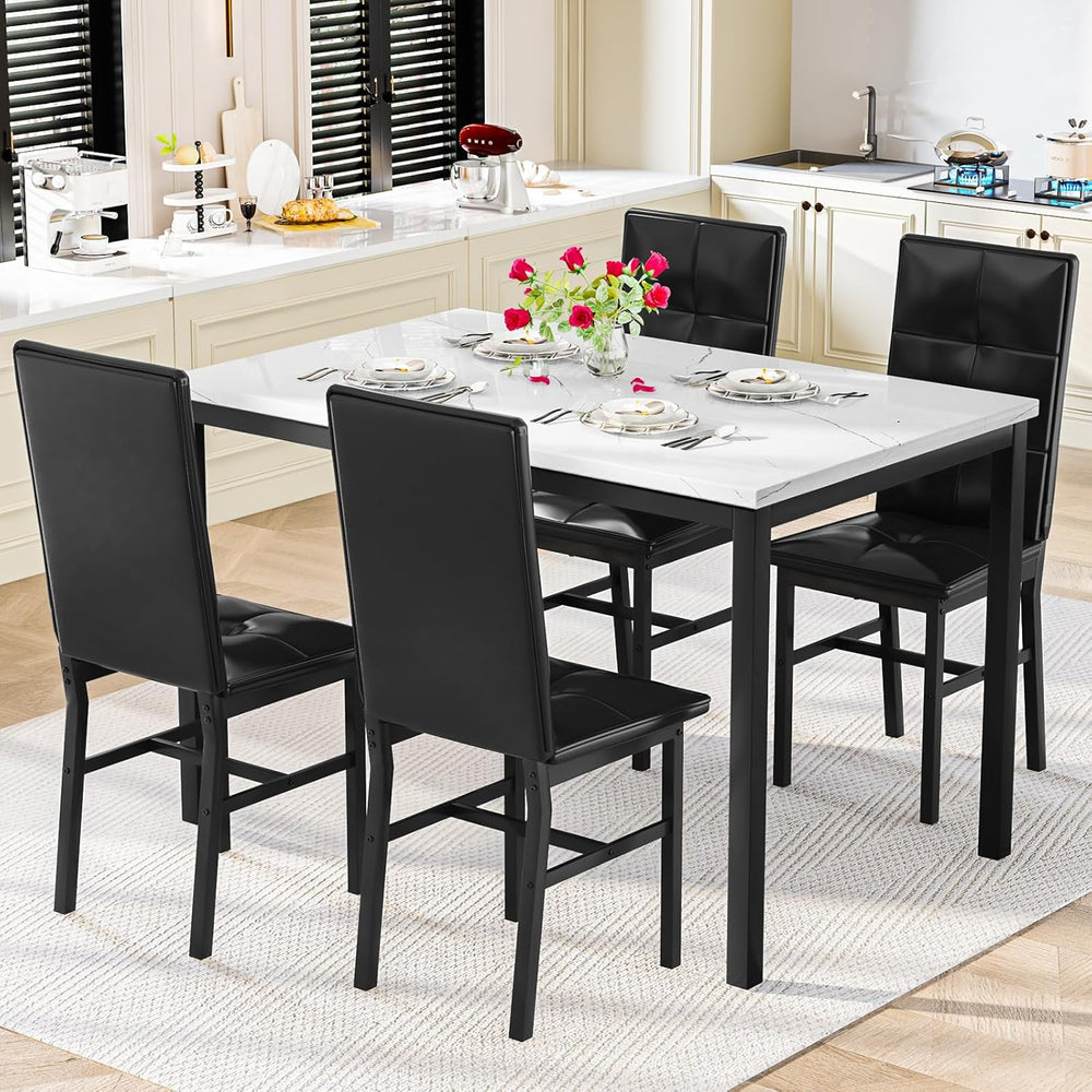 Hooseng Dining Table Set for 4, Faux Marble Small Kitchen Table with 4 PU Lea...